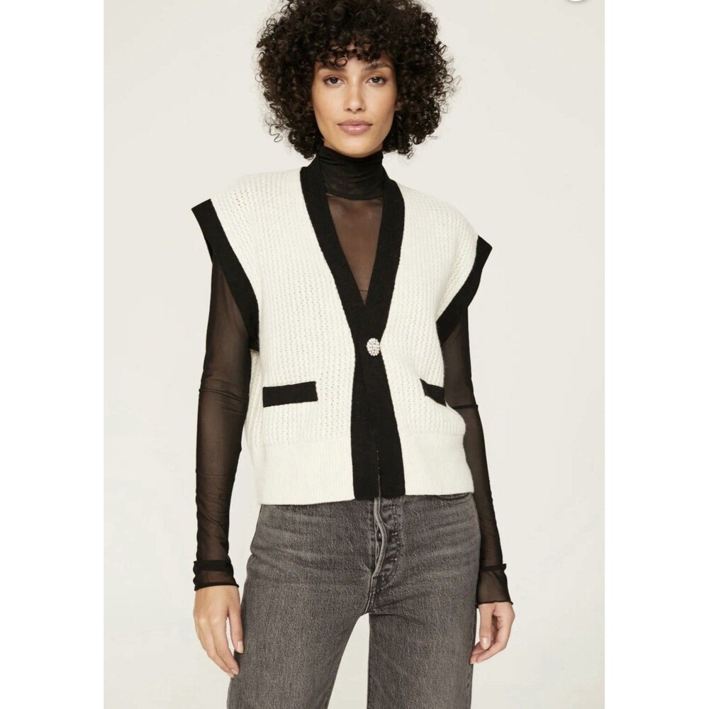 Sandro Paris Sydney Sleeveless Cardigan Vest Cream Black Contrast Trim Sz 2 /Med